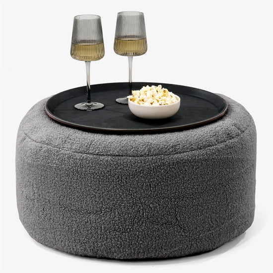 Pouf Ottoman avec Plateau - Bouclé Anthracite 01