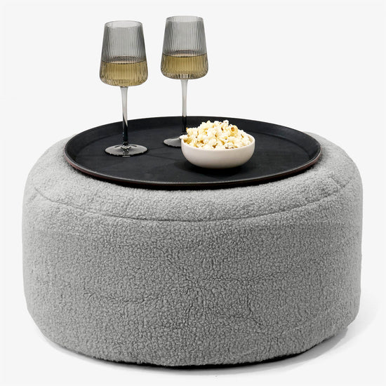 Pouf Ottoman avec Plateau - Bouclé Gris 01