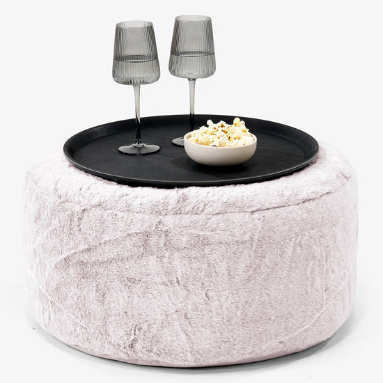 Pouf Ottoman avec Plateau - Fausse Fourrure Lapin Rose Pastel 01