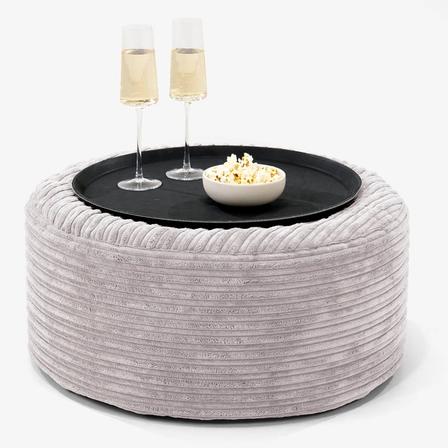 Pouf Ottoman avec Plateau - Côtelé Gris Argent 01
