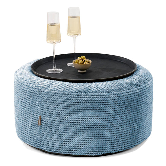 Pouf Ottoman avec Plateau - Pompon Bleu Ciel 01