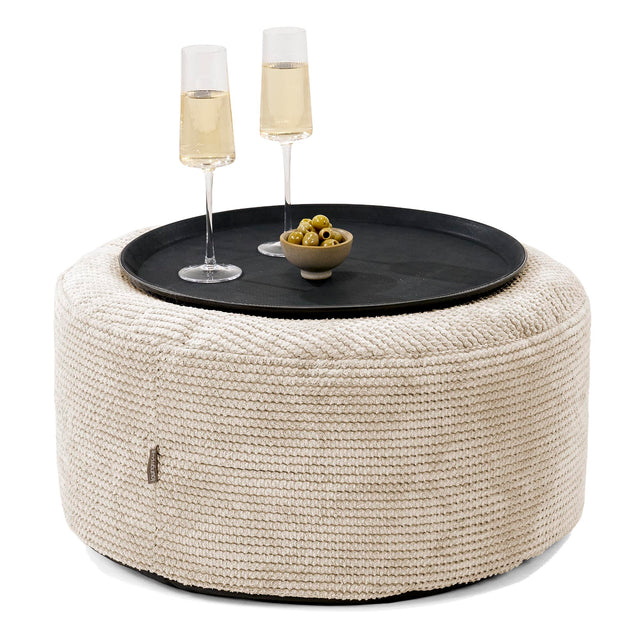 Pouf Ottoman avec Plateau - Pompon Crème 01