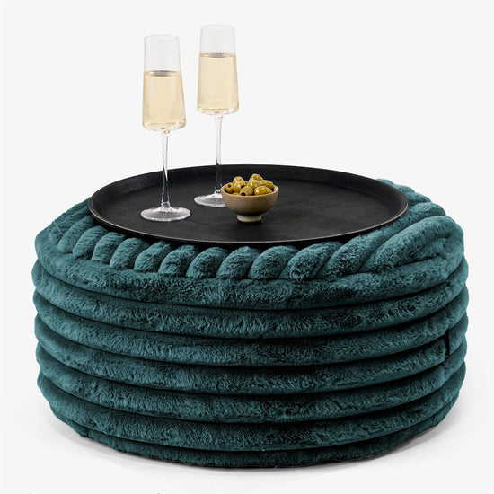 Pouf Ottoman avec Plateau - Velours Côtelé Ultra Pelucheux Bleu Canard 01