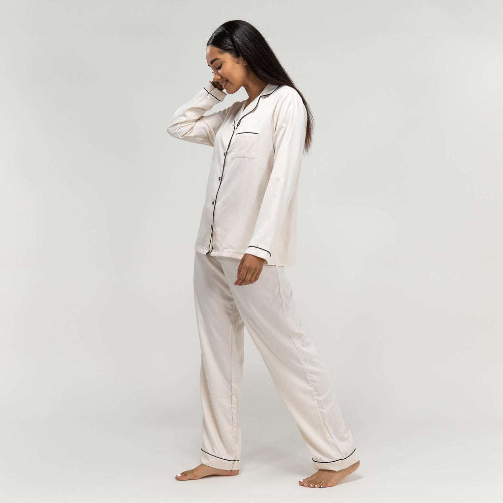 Pantalon de Pyjama en Satin Crème pour Femmes 03