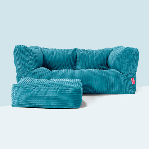 Canapé Pouf Confortable 2 Place en Velours Côtelé Bleu Egée