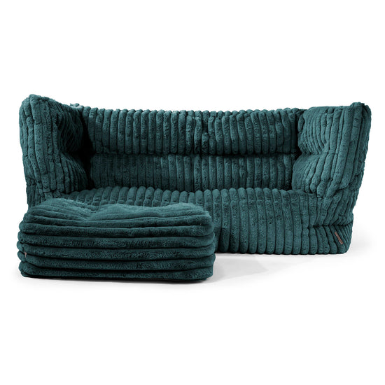 Canapé Pouf Louis 2 places - Velours Côtelé Ultra Pelucheux Bleu Canard 02