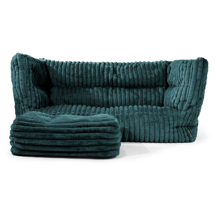 Canapé Pouf Louis 2 places - Velours Côtelé Ultra Pelucheux Bleu Canard 02