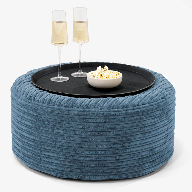 Pouf Ottoman avec Plateau - Côtelé Bleu Marine 01