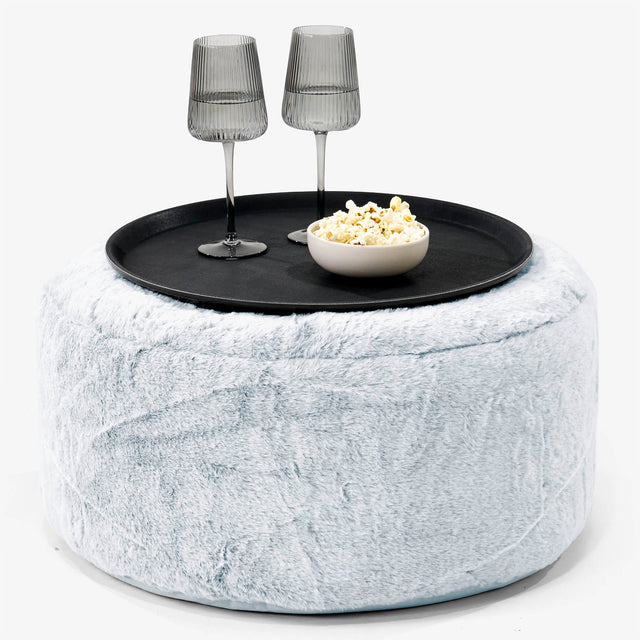 Pouf Ottoman avec Plateau - Fausse Fourrure Lapin Bleu Pastel 01