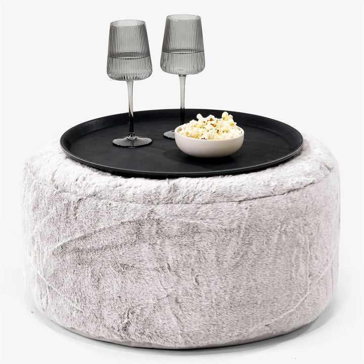Pouf Ottoman avec Plateau - Fausse Fourrure Lapin Gris clair 01