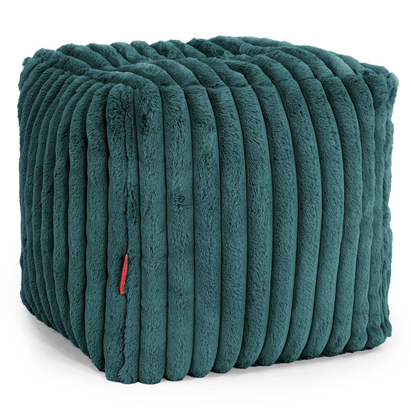 Pouf Repose-pieds Cube - Velours Côtelé Ultra Pelucheux Bleu Canard 01