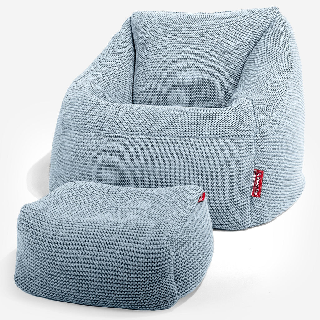 Lounge Pug - Ellos Tricoté - Pouf Chaise Nautilus - Pouf Fauteuil - Bleu Brumeux