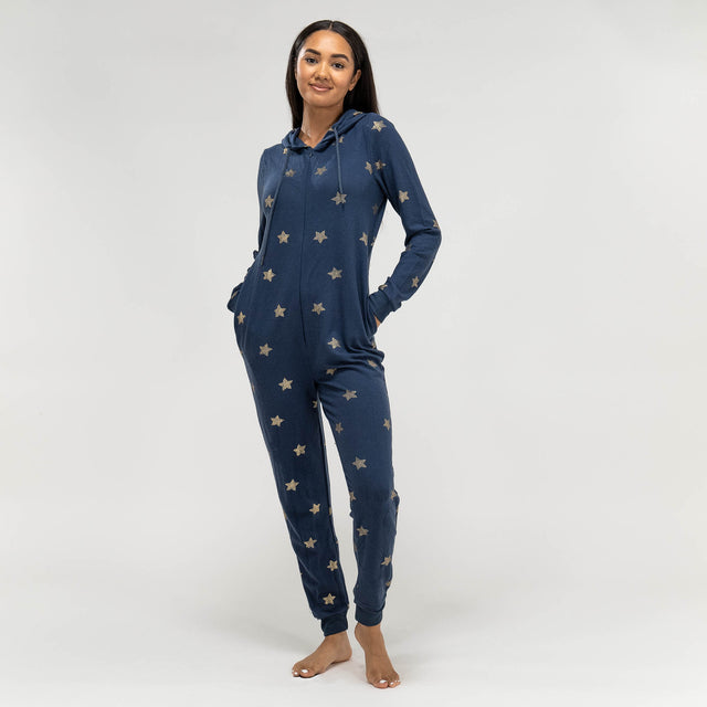 Combinaison Pyjama Imprimée Étoile Bleu Marine et Or pour Femmes 01