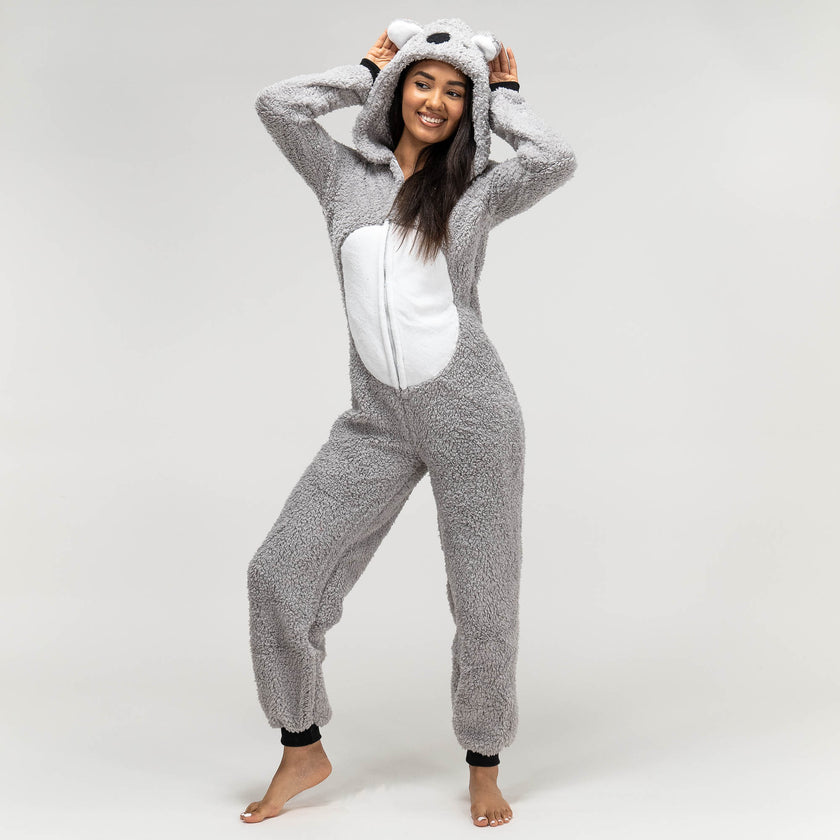 Combinaison Pyjama Koala en Polaire pour femmes, taille: S-XL, Gris /  Blanc– Big Bertha Original FR