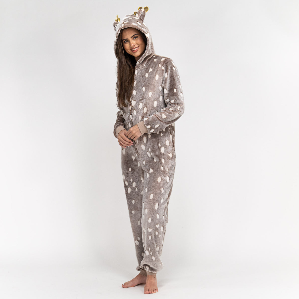 Combinaison Pyjama Renne en Polaire pour femmes taille S XL Marron Creme Big Bertha Original FR