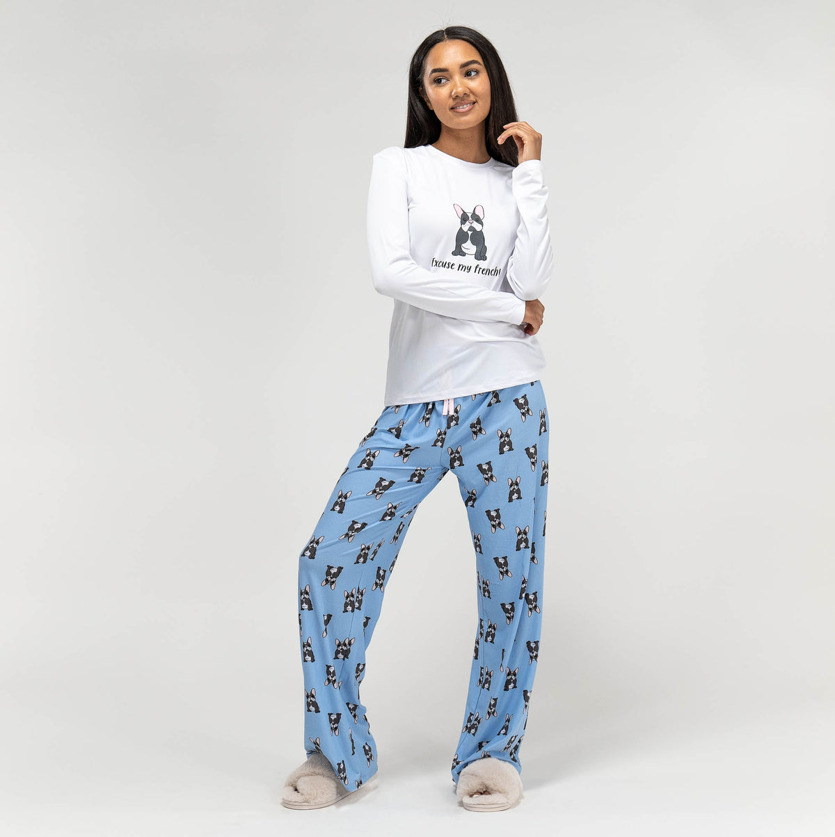Ensemble Pyjama Bouledogue Francais pour femmes haut a manches longues et pantalon taille S L Bleu Blanc Big Bertha Original FR