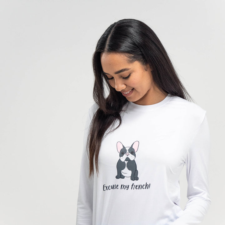 Ensemble Pyjama Bouledogue Francais pour femmes haut a manches longues et pantalon taille S L Bleu Blanc Big Bertha Original FR