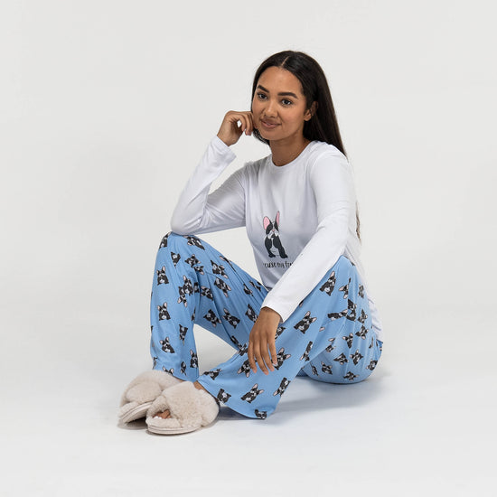 Ensemble Pyjama Bouledogue Francais pour femmes haut a manches longues et pantalon taille S L Bleu Blanc Big Bertha Original FR