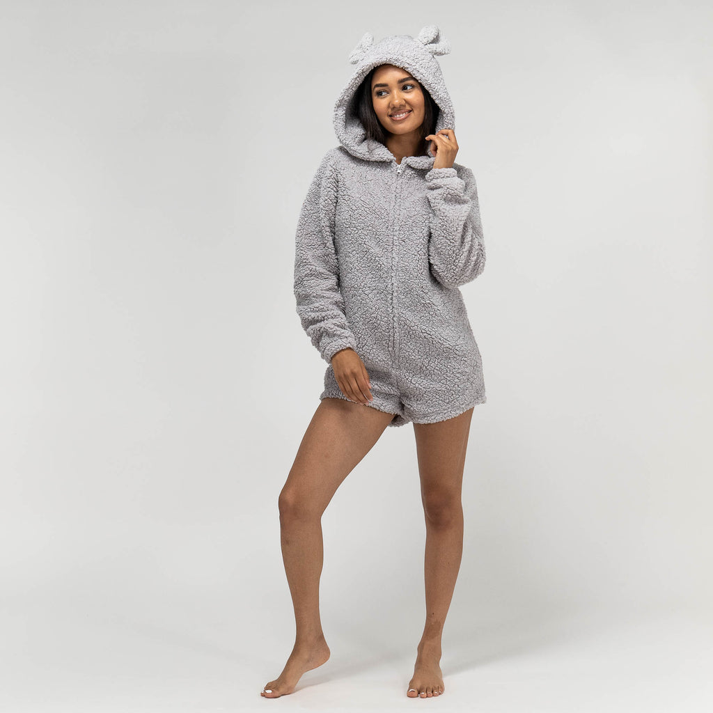 Grenouillère en Polaire avec Oreilles de Nounours Gris pour Femmes 05