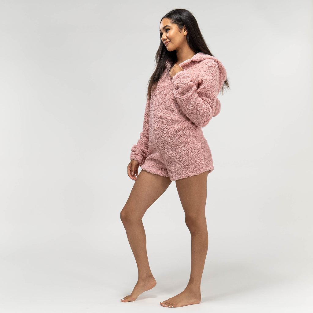 Grenouillère en Polaire avec Oreilles de Nounours Rose pour Femmes 03