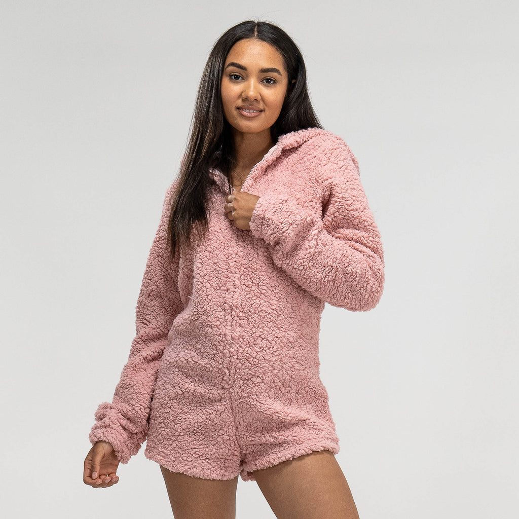 Grenouillère en Polaire avec Oreilles de Nounours Rose pour Femmes 04