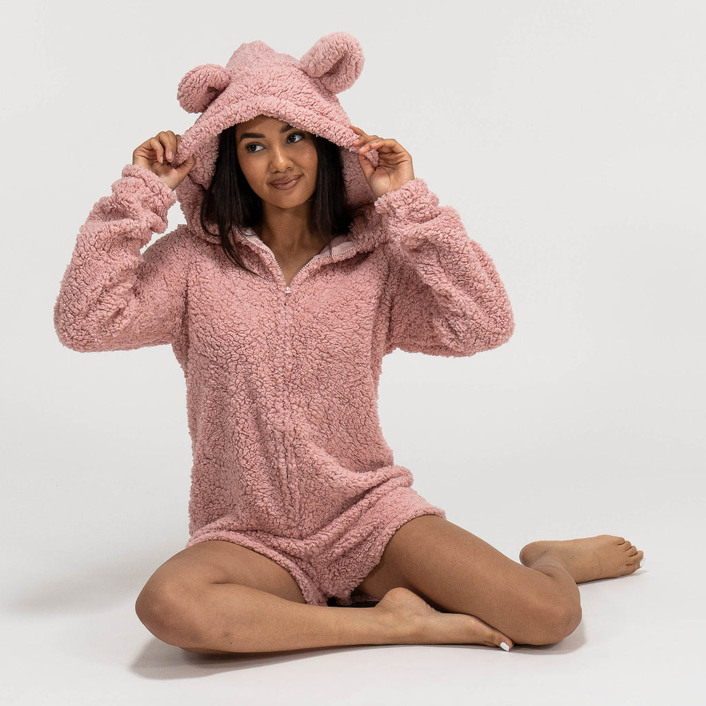Grenouillère en Polaire avec Oreilles de Nounours Rose pour Femmes 05
