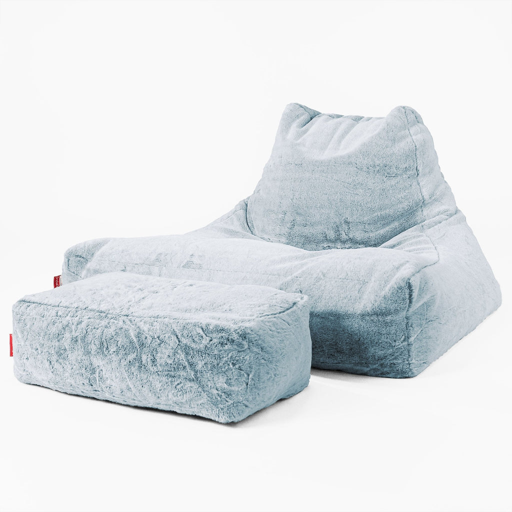 Gros Pouf Fauteuil Relax - Fausse Fourrure Lapin Bleu Pastel 02