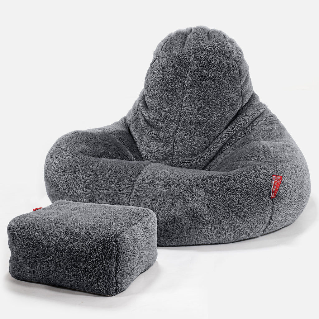 Pouf Gamer Ultra Lux - Fausse Fourrure Nounours Gris Foncé 02