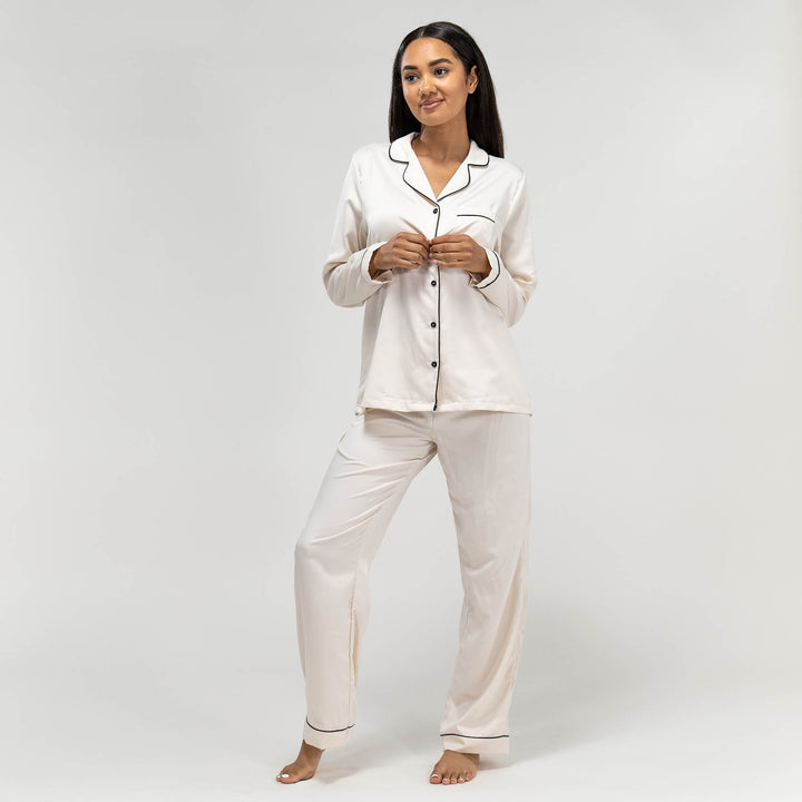 Pantalon de Pyjama en Satin Crème pour Femmes 01