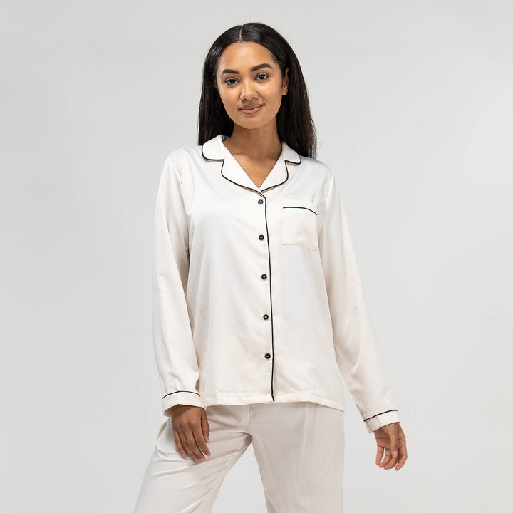Pantalon de Pyjama en Satin Crème pour Femmes 05