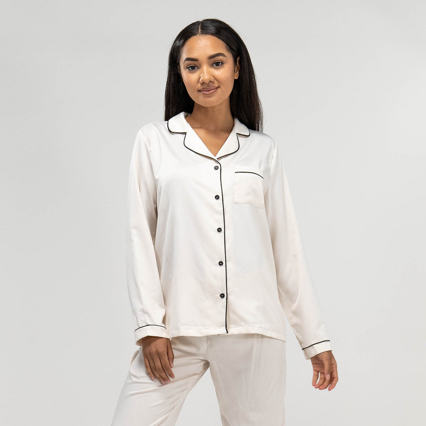 Pantalon de Pyjama en Satin Noir pour femmes, haut à manches longues et  pantalon, taille: XS-XL, Blanc– Big Bertha Original FR