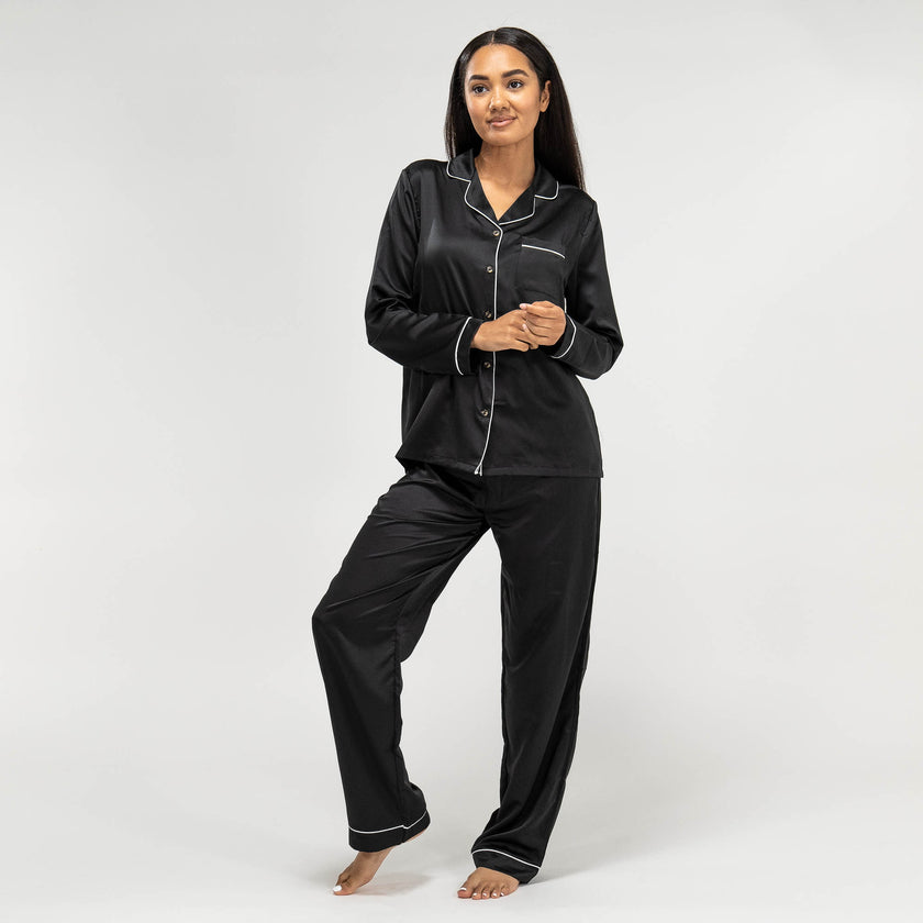 Pantalon de Pyjama en Satin Noir pour femmes, haut à manches