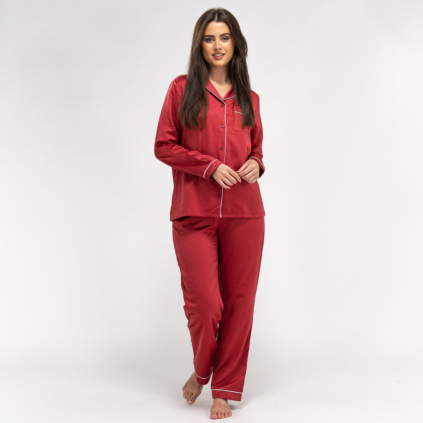 Pantalon de Pyjama en Satin Rouge pour femmes, haut à manches longues et  pantalon, taille: XS-XL, Blanc– Big Bertha Original FR
