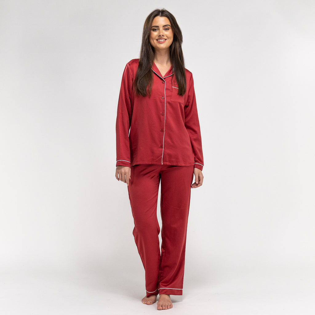 Pantalon de Pyjama en Satin Rouge pour femmes, haut à manches