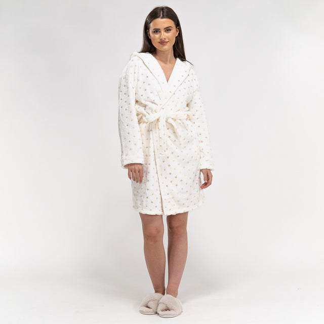 Peignoir en Polaire Imprimé, Étoiles Crème et Or pour Femmes 01
