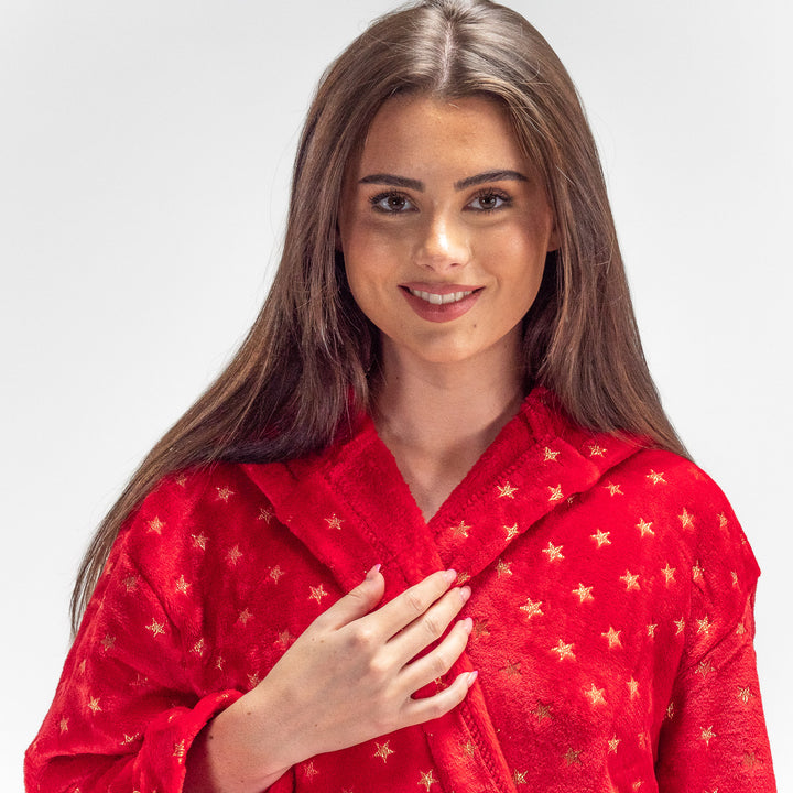 Peignoir en Polaire Imprimé, Étoiles Rouge et Or pour Femmes 02