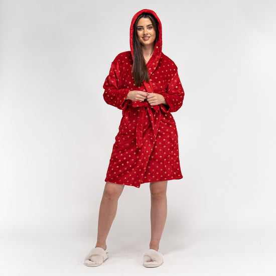 Peignoir en Polaire Imprimé, Étoiles Rouge et Or pour Femmes 03
