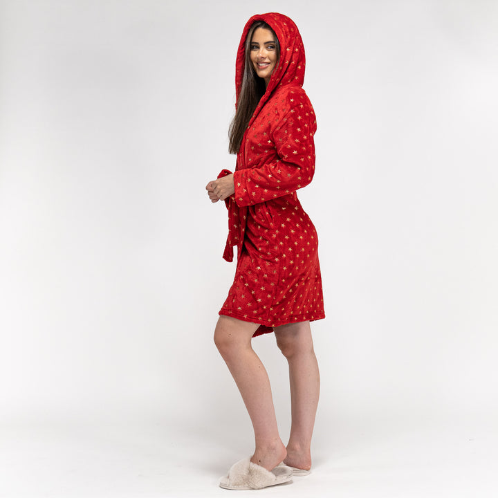 Peignoir en Polaire Imprimé, Étoiles Rouge et Or pour Femmes 04