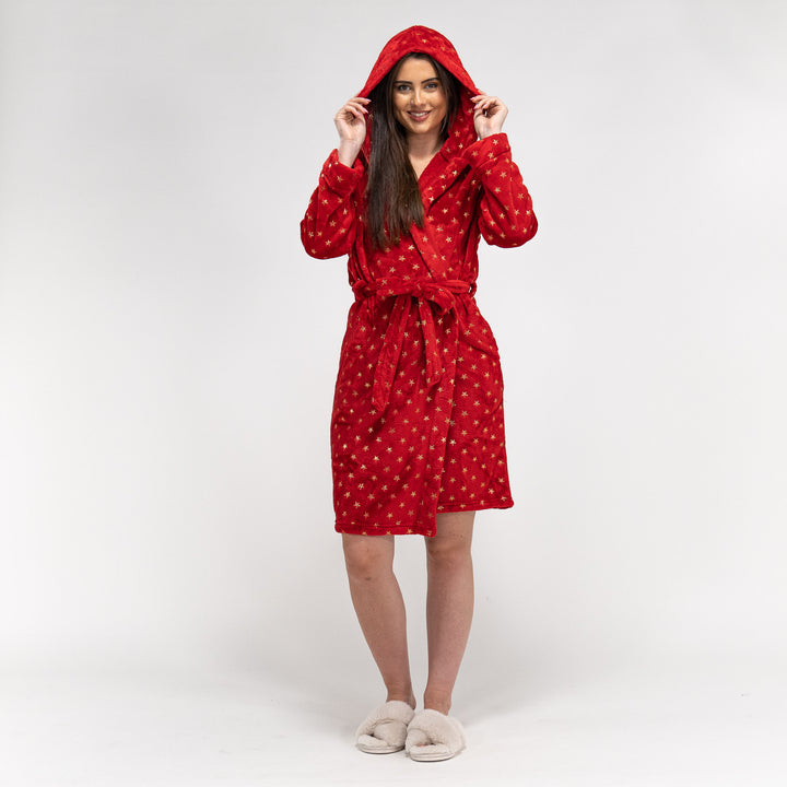 Peignoir en Polaire Imprimé, Étoiles Rouge et Or pour Femmes 05