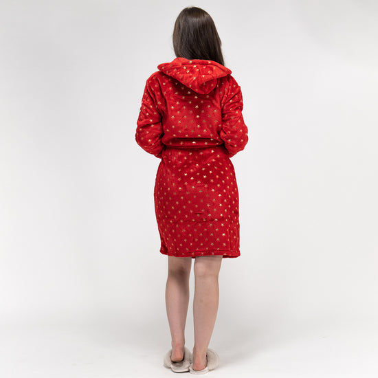Peignoir en Polaire Imprimé, Étoiles Rouge et Or pour Femmes 06