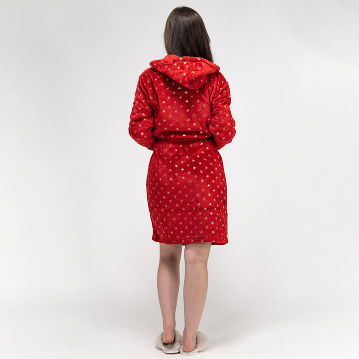 Peignoir en Polaire Imprimé, Étoiles Rouge et Or pour Femmes 06