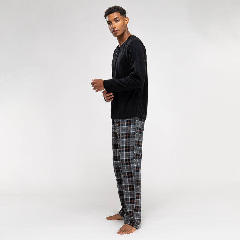 Pyjama carreaux noir pour hommes haut manches longues et