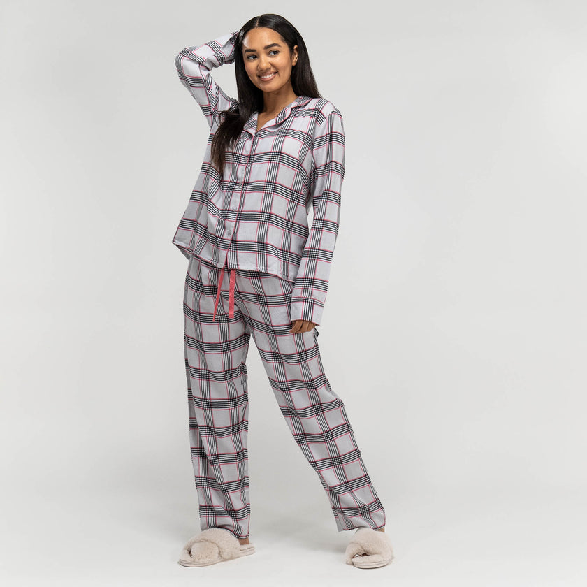 Pyjama en coton carreaux rose pour femmes haut manches