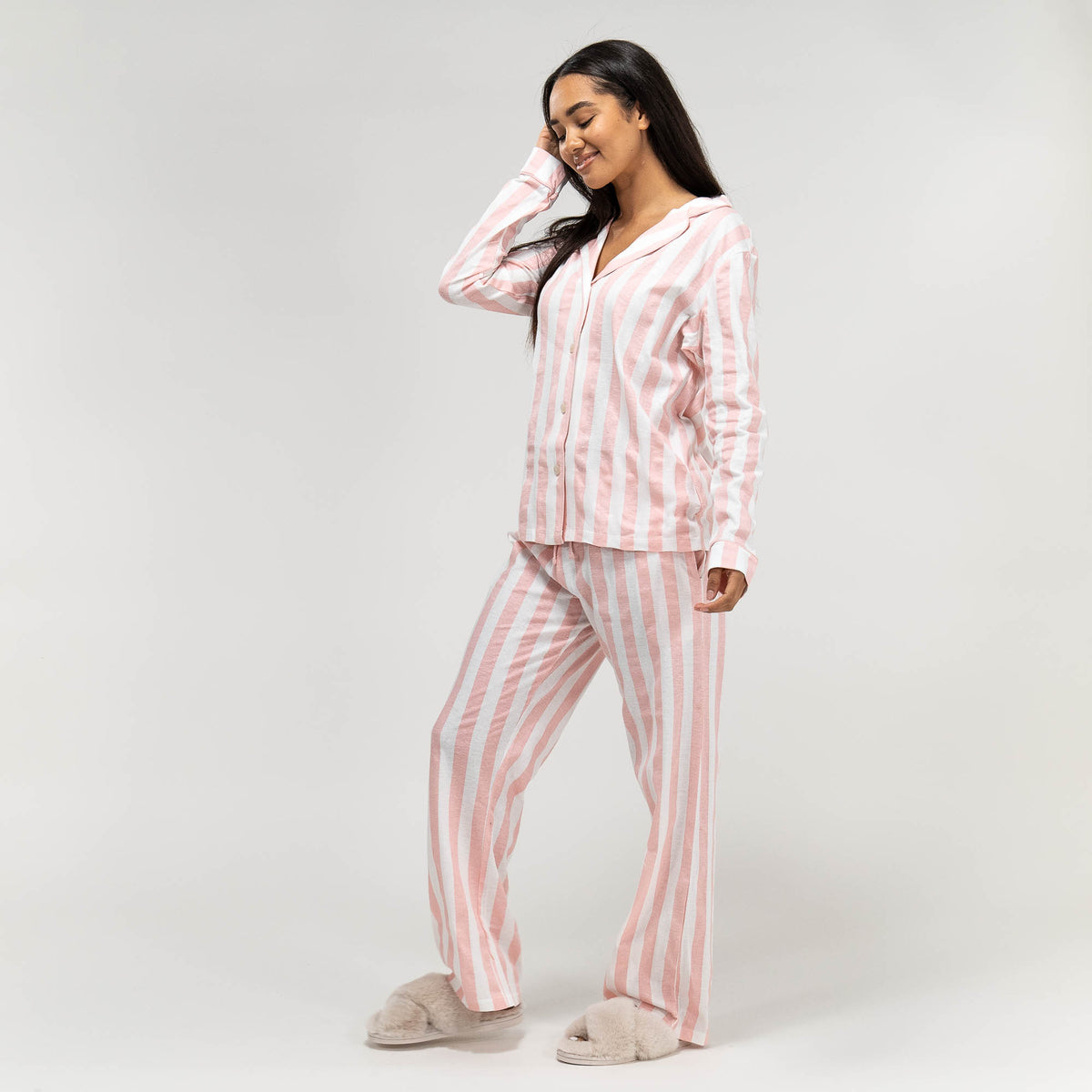 Pyjama en jersey à rayures roses pour femmes, haut à manches