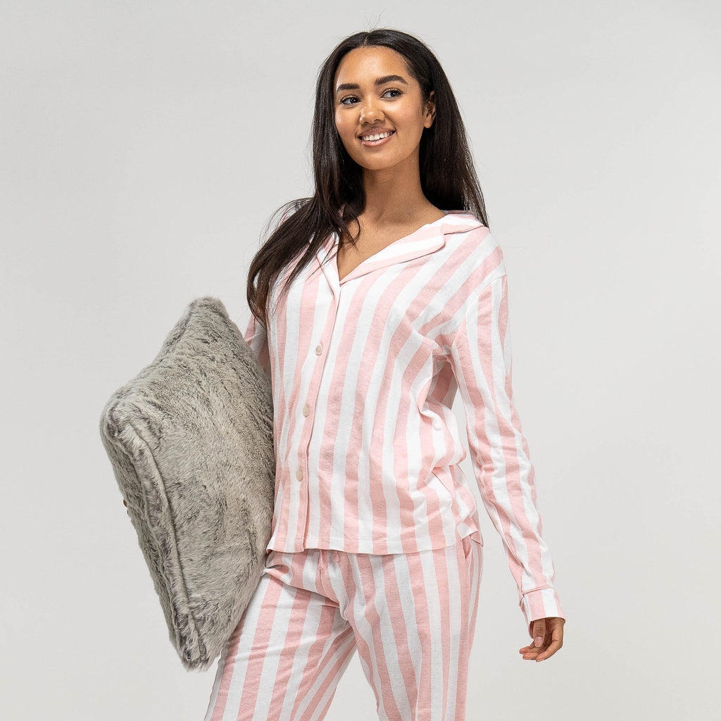 Pyjama en Jersey à Rayures Roses pour Femmes 05